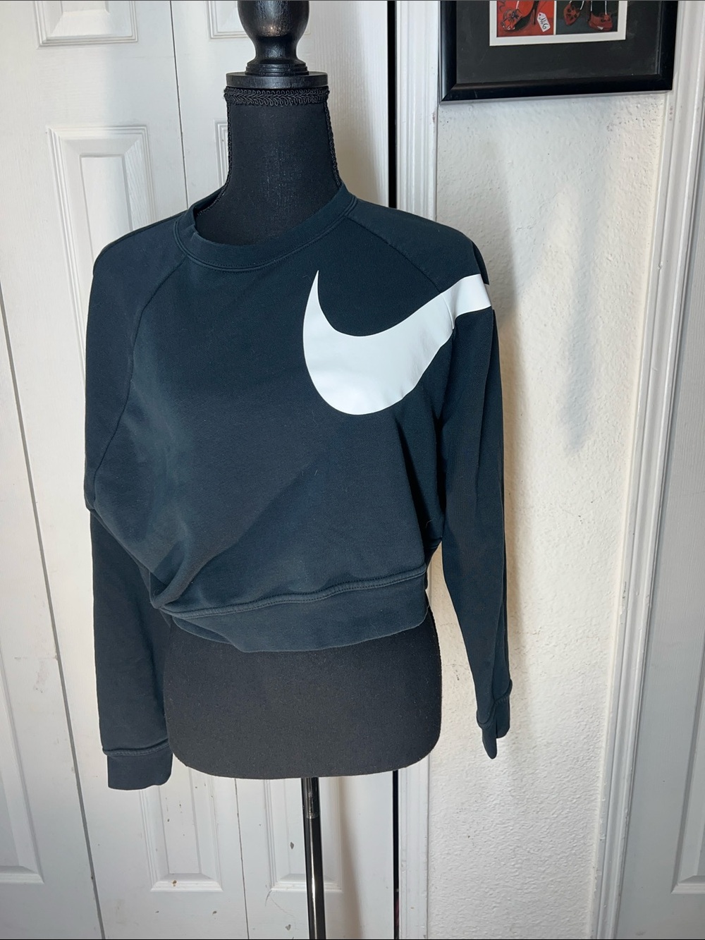 Nike Women’s Black Cropped Sweatshirt with White Swoosh - Picture 2 of 5